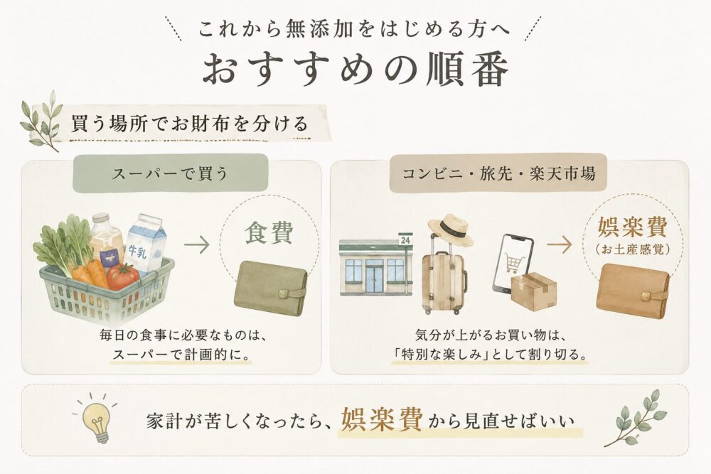 買う場所でお財布を分ける図解 スーパーで買うものは食費 コンビニや旅先や楽天市場で買うものは娯楽費
