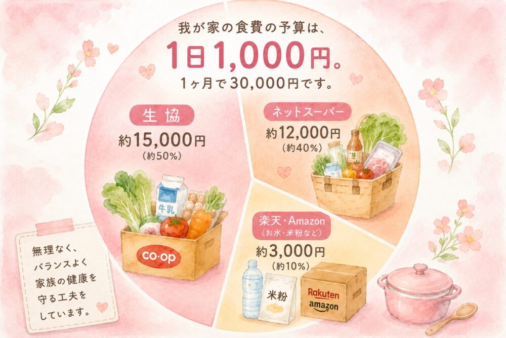 二人暮らしの食費月3万円の内訳図 生協約15000円 ネットスーパー約12000円 楽天Amazon約3000円